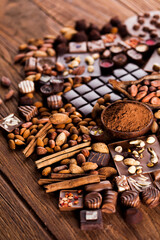 Chocolate sweet, cocoa pod and food dessert background