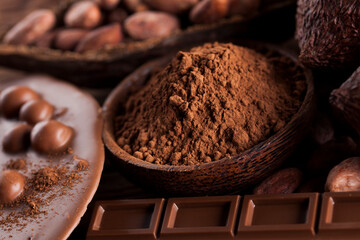 Chocolate bar, candy sweet, dessert food on wooden background