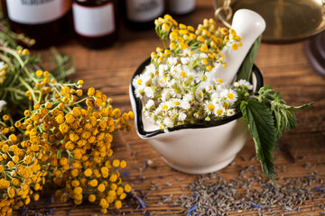 Herbs, berries and flowers with mortar, on wooden table background