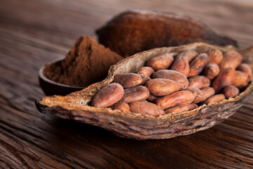 Cocoa beans in the dry cocoa pod fruit on wooden background
