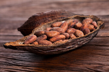 Cocoa pod on wooden background