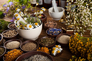 Alternative medicine, dried herbs and mortar on wooden desk background
