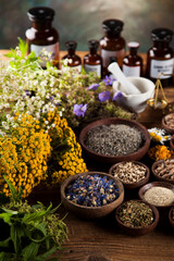 Medicine bottles and herbs background