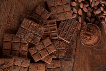 Bars Chocolate , candy sweet, dessert food on wooden background