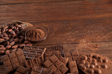 Bars Chocolate , candy sweet, dessert food on wooden background