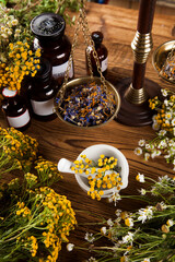 Medicine bottles and herbs background