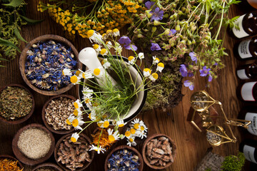 Fototapeta na wymiar Herbs, berries and flowers with mortar, on wooden table background