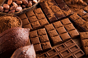 Bars Chocolate , candy sweet, dessert food on wooden background