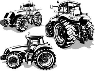 Set of Drawings with Farm Tractor from Different Views - Black Illustrations Isolated on White Background, Vector - 501472991