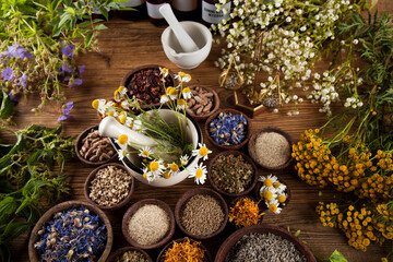 Obraz na płótnie Canvas Natural medicine, herbs, mortar on wooden table background