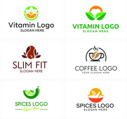 Vitamin healthy supplement logo design with nature herb leaf coffee and mortar symbol line art vector illustration