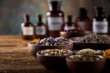 Herbal medicine on wooden desk background