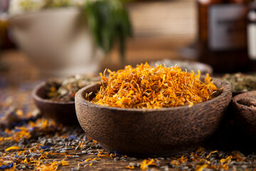 Natural medicine on wooden table background