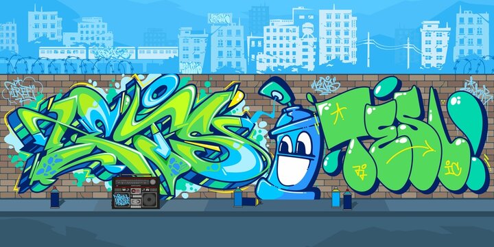 Abstract Colorful Urban Streetart Graffiti Wall With Drawings Against The Background Of The Cityscape Vector Illustration