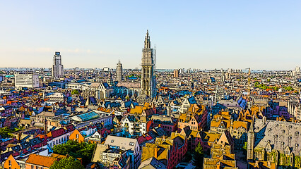 Antwerp, Belgium. Cathedral of Our Lady of Antwerp. (Onze-Lieve-Vrouwekathedraal Antwerpen). Bright cartoon style illustration. Aerial view