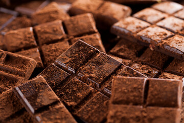 Chocolate bar, candy sweet, dessert food on wooden background