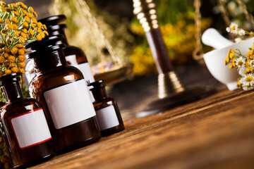 Medicine bottles and herbs background