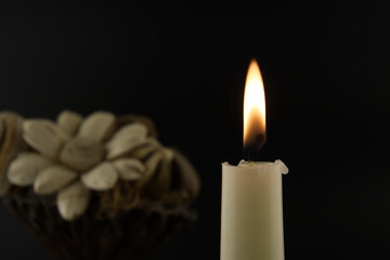 Burning candle and flowers in the darkness