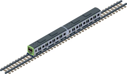 線路の上を走る立体的な緑色の電車のアイソメトリックイラスト.