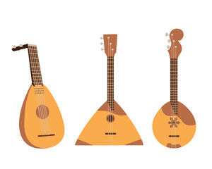Stringed musical instruments domra, lute, balalaika. Vector Illustration for printing, backgrounds, packaging, greeting cards, posters, textile and seasonal design. Isolated on white background.