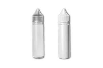 Blank white and transparent plastic Dropper bottle mockup isolated on white background. Vape e-liquid plastic vial template. 3d rendering.