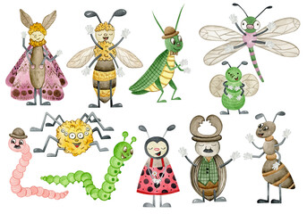 Fototapeta premium Watercolor cute cartoon beetles clipart big set. Hand drawn worm, dragonfly, caterpillar, moth, bee, ant, grasshopper, fly, spider, ladybug, beetle illustartion.