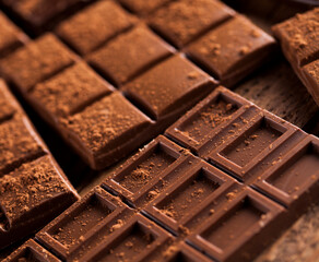 Dark homemade chocolate bars and cocoa pod on wooden