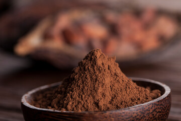 Cacao beans and powder and food dessert background