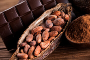 Chocolate bar, candy sweet, dessert food on wooden background