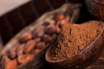 Cacao beans and powder and food dessert background