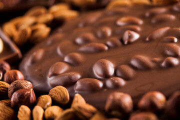 Chocolate bar, candy sweet, dessert food on wooden background