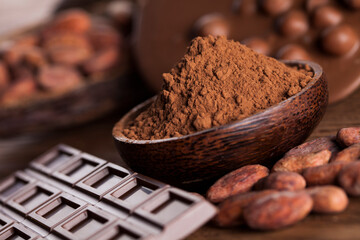Chocolate sweet, cocoa pod and food dessert background