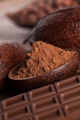 Cocoa pod and chocolate bar and food dessert background