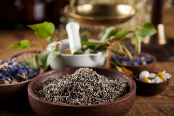 Alternative medicine, dried herbs and mortar on wooden desk background
