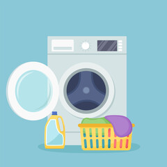 Washing machine with open door, basket with dirty linen, detergent. Vector illustration