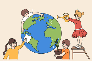 Children help save earth clean and water planet. Kids volunteers and activists saving world from industrial catastrophe. Environment and ecology protection. Flat vector illustration. 