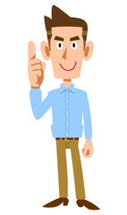 人差し指を立てて話す水色のシャツを着た男性
