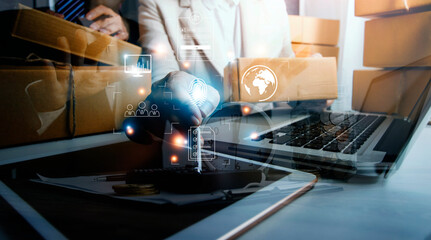 Online transactions, Businessman touching fingerprint scan provides security interface payment shopping banking and cloud computing network connection on virtual screen.