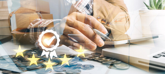 Hand shows the sign of the top service Quality assurance 5 star, Guarantee, Standards, ISO certification and standardization concept.