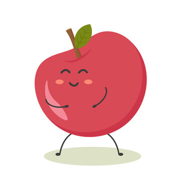 red ripe fresh cheerful cute kawaii apple with a twig and a leaf