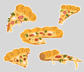 Pizza stickers. Tasty food. Perfect for printing, restaurant, postcards and menus. Cartoon vector illustration isolated.