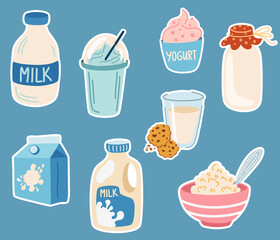 Milk stickers. Dairy products, cream, yogurt, cottage cheese and milk. Perfect for printing, restaurant, postcards and menus. Cartoon vector illustration isolated.