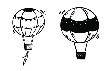Hot air flying balloon scribble doodle cartoon vector illustration in black and white engraved style.