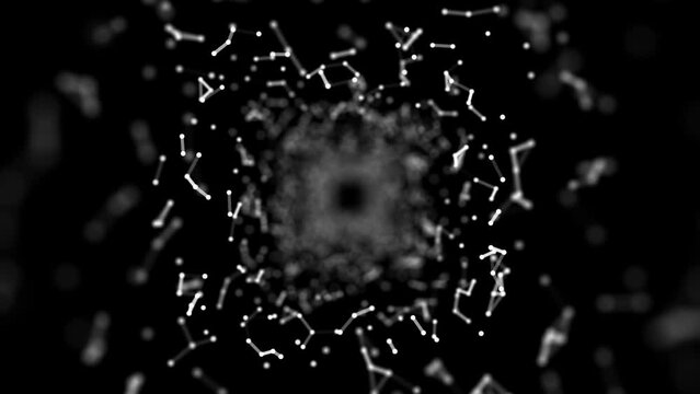 Cyber black tunnel consisting of moving glowing points. Futuristic infinite space background. Concept of data transfer in cyberspace. Hi-tech illustration. 3d rendering.