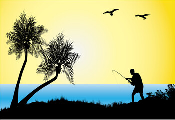 silhouette of man fishing in a tropical landscape