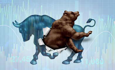 Emerging Bear market correction concept with a bull and bearish stock market  as a metaphor for change in investing sentiment and markets headed towards negative territory.