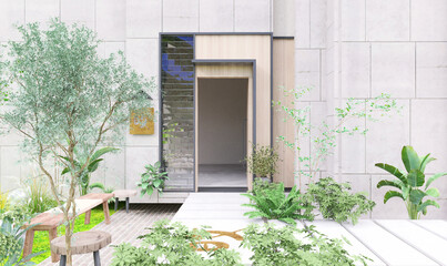 Wizualizacja wejścia do domu z otaczającą zielenią 
Projekt luksusowej willi