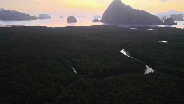 blurr Flying over forest view mountains. smed nangshe Phang Nga national park in Thailand. Tropical nature drone shot.top view