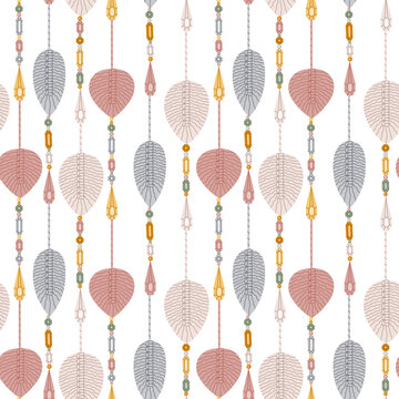 Vector seamless pattern with macrame and crystals. Garland. Cozy home. Hand drawn illustration. The print is used for Wallpaper, fabric, textile.