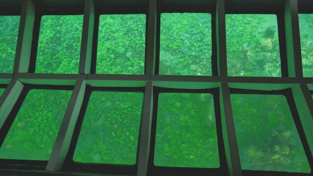 A boat with a glass bottom is sailing on Lake Baikal.